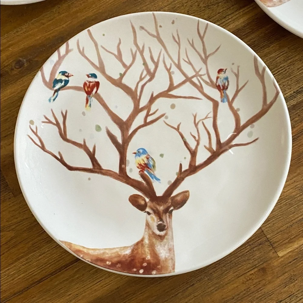 Pier 1 Alexander Deer and Bird Design Dinner Plates. 8.5” Diameter. Set of 4.
